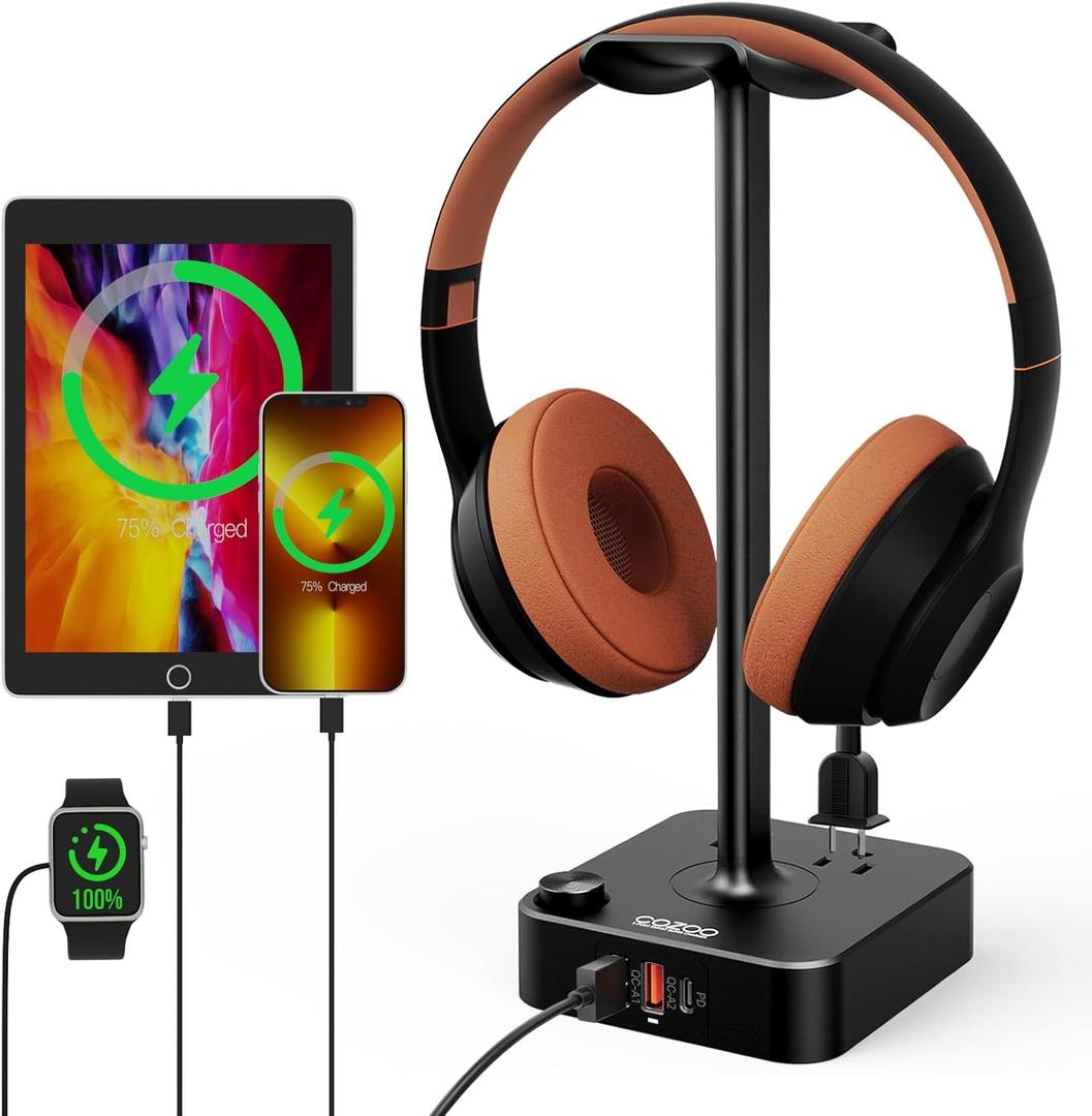 COZOO Headphone Stand with USB Charger Desktop Gaming Headset Holder Hanger with 3 USB Charging Station and 2 Outlets Power Strip,Suitable for Gaming, DJ,Wireless Earphone Display, Gamer Gifts for Men (1.Black(PD & QC3.0))