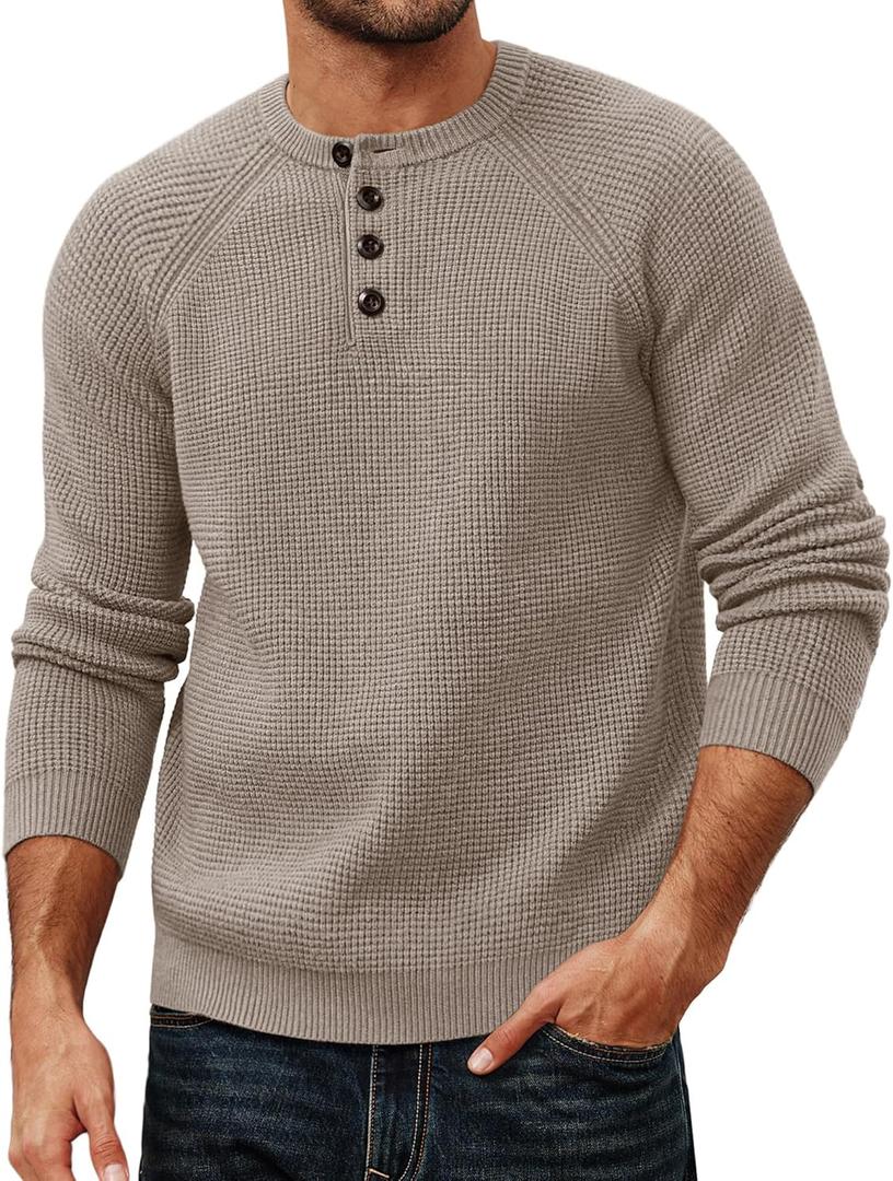PJ Jones Mens Sweaters Casual Knit Sweater Waffle Textured Soft Pullover Sweater (Large, Khaki)