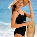 Girl Swimsuit One Piece Bathing Suit Cutout Adjustable Straps Padded High Waisted Girls Swimwear (Black, 15-16 Years)