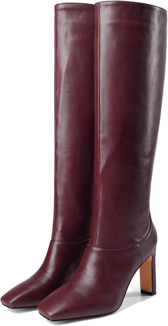 YIYA Cherry Red Boots for Fall Square Toe Chunky High Heels Dark Red Knee High Long Boots Pull On, 40