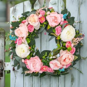 22 Inch Spring Summer Wreaths for Front Door Artificial Roses Camellias Flower Wreath with Eucalyptus Leaves, Pink Roses Floral Door Wreath for Mantel,Wedding Indoor Outdoor Home Party Wall Decor