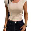 2 x Women Shirts Crew Neck Ribbed Slim Fitted Side Ruched Basic Tops for Woman Cap Sleeve Summer Casual T Shirts Apricot L (L)