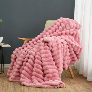 Cozy Bliss Faux Fur Throw Blanket for Couch, Cozy Warm Plush Striped Blanket for Sofa Bedroom Living Room, 50 x 60 Inches Hot Pink