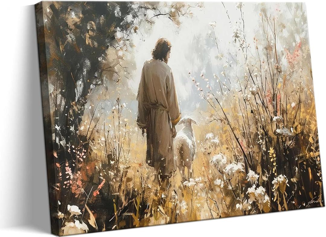 Jesus Leaves The 99 Sheep Canvas Wall Art, Christian Jesus Lamb Wall Decor Paintings, Lost Sheep Religious Bible Posters Prints Pictures for Church Living Room Bedroom 16x24 Inch Framed