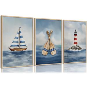 SEINEMBSC Blue Nautical Nursery Wall Art Vintage Sailboat Lighthouse Pictures Wall Decor Boy Coastal Posters Navy Sea Ocean Canvas Print Artwork for Kids Boys Room Playroom Bedroom Decor, Unframed, 24L''X16W''-Unframed