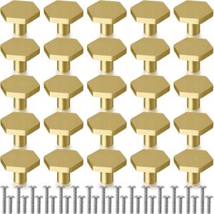 Ferraycle 25 Pack 1'' Solid Brass Cabinet Knobs with Screws, Gold Hexagon Knobs for Dresser Shoe Cabinets Dresser Metal Handles Kitchen Hardware Pulls Modern Bathroom Hardware Brushed Pulls