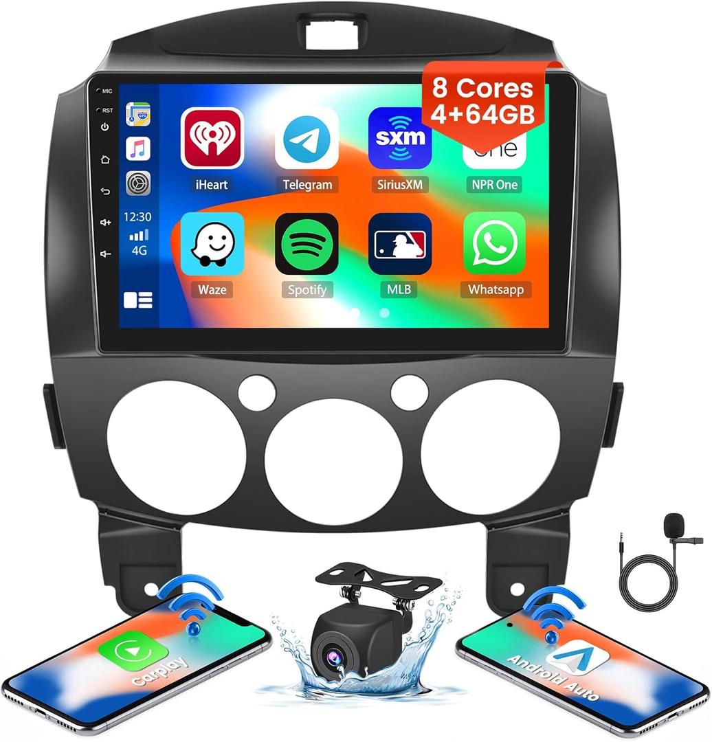 8-Core 4+64G Android 13 Car Stereo for Mazda 2 2007-2014 Upgrade Radio, 9'' HD Touch Screen with Wireless CarPlay & Android Auto, AHD Backup Camera, Mirror Link, GPS Navigation