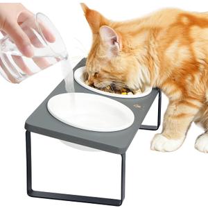 Sunhoo Ceramic Elevated Cat Bowls Raised Puppy Dishes for Food and Water Tilted Wooden Stand for Indoor Cats 5.5 inch Wide Double Dish Orthopedic Reduces Vomiting (Grey)