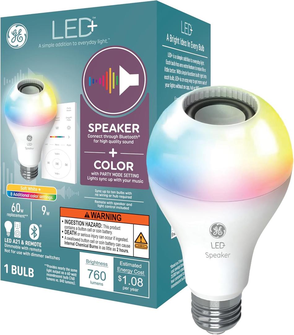 GE LED+ A21 LED Light Bulb, Indoor Color Changing Wireless Blutooth Speaker Light with Remote, 9W, Multicolor and Soft White (1 Pack) (Indoor Soft White + Multicolor)