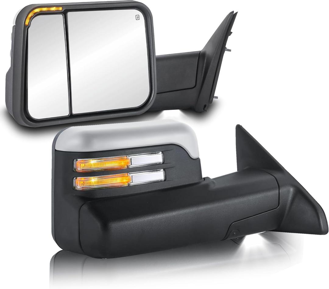 Pair Power Heated Towing Mirrors Compatible for 2009-2018 Dodge Ram 1500 2500 3500/2009-2024 Ram 1500 Classic w/Led Flashing Turn Signal Side Tow Mirror Manual Flip Fold (Chrome)