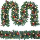 9FT Christmas GarlandBattery Operated Lighted Garland with Pine Cones Red Berries Lush Branches50 LED Lights 8 ModesChristmas Decorations