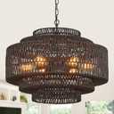 25.68" Large Rattan Chandelier Light Fixture 6-Light Hand-Woven Boho Bamboo Black Chandeliers 5-Tier Vintage Farmhouse Coastal Rattan Chandelier for Living Room,Dining Room,Bedroom Entryway