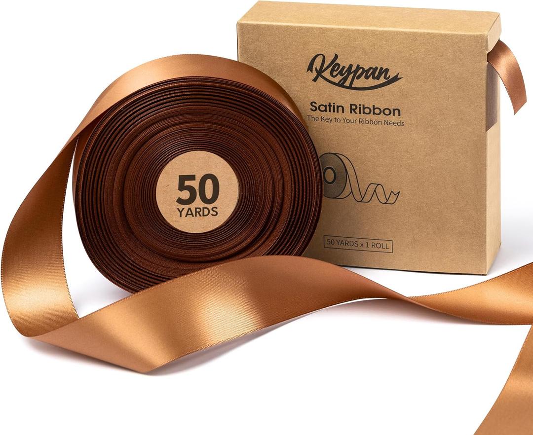 Keypan Brown Satin Ribbon 1-1/2 Inch 50 Yards Double-Faced Polyester Ribbons for Gift Wrapping Crafts Flower Bouquet Wedding Paper Christmas Holiday Decor