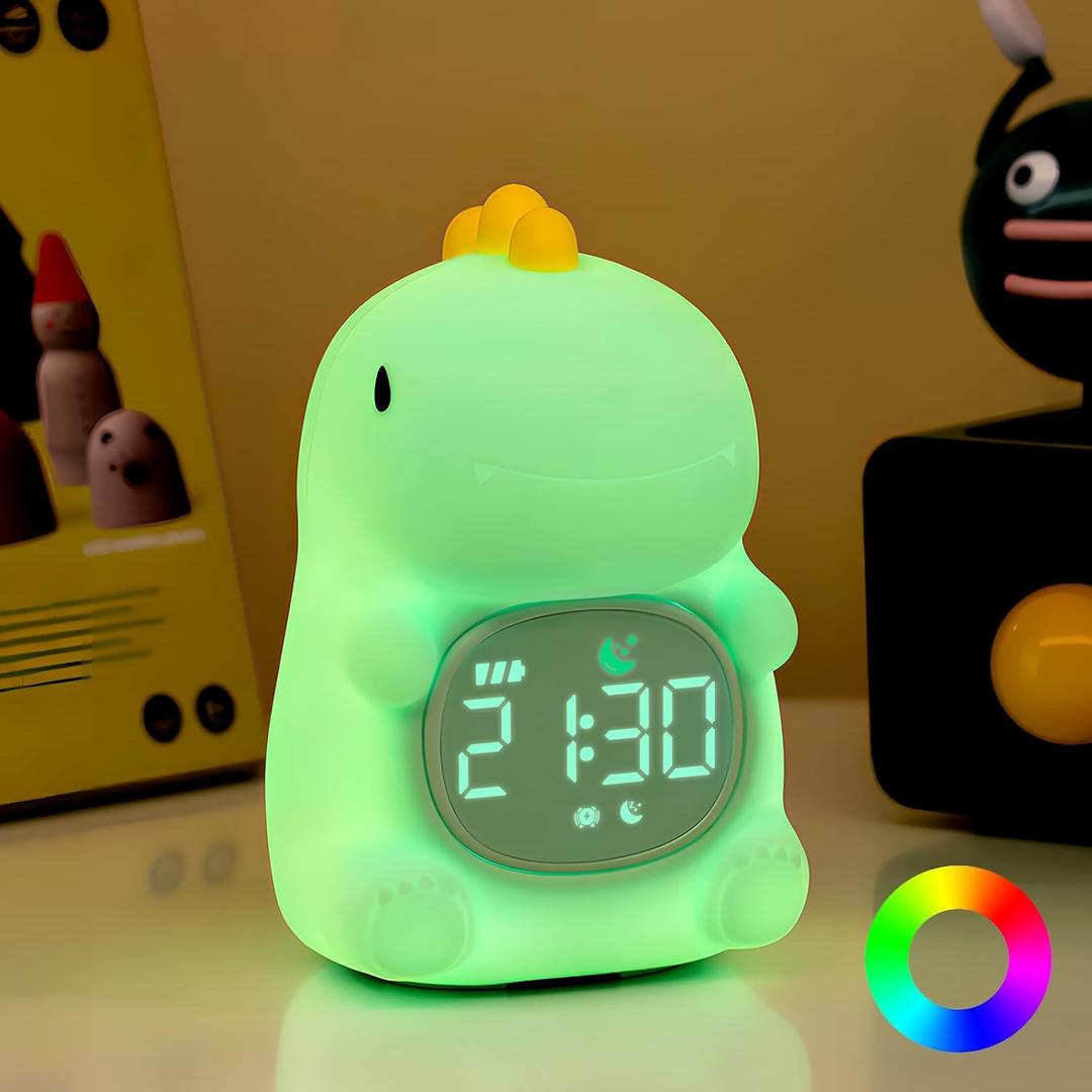 Dinosaurs Alarm Clock with Night Light for Kids with Sleep Training and Sound Machine, Rechargeable Silicone Lamp OK to Wake ClockCute Animal Tabletop Lamp, Perfect Sleep Companion for Boys Girls