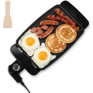 Small Electric Griddle, 10 Inch Mini Ceramic Non-Stick Electric Skillet with Adjustable Thermostat, 1200W Single Serve Grill for Breakfast, Cooking for Pancakes, Eggs, Sausage, Black