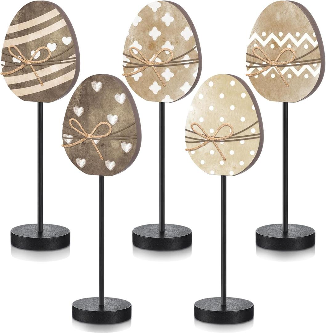 5 Pieces Easter Table Decorations Rustic Wooden Easter Eggs Table Sign Vintage Standing Tabletop Decor Block Centerpiece for Spring Party Farmhouse Freestanding Home Office