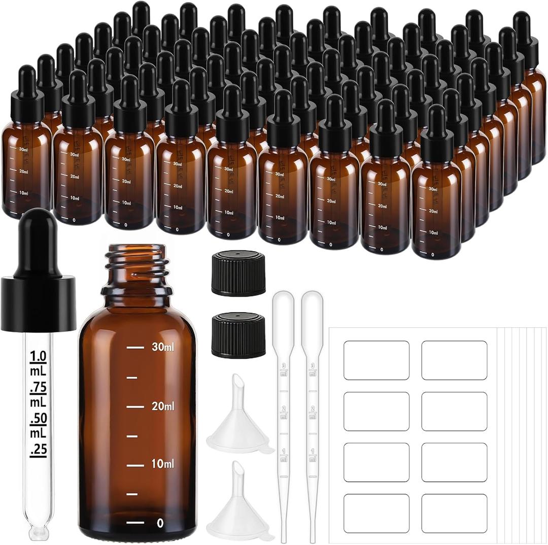 63 Pcs 1oz Amber Glass Dropper Bottles with Measurement, 30ml Leakproof Tincture Bottles with Funnels, Eye Droppers, Extra Caps & Labels, Refillable Empty Bottle for Tinctures, Essential Oils