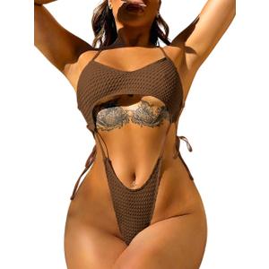 One Piece Swimsuit, Sexy High Cut Monokini, Rave Outfits, Tan Through Swimwear Slingshot Cutout Thong Tie Bikini (Large, Brown)