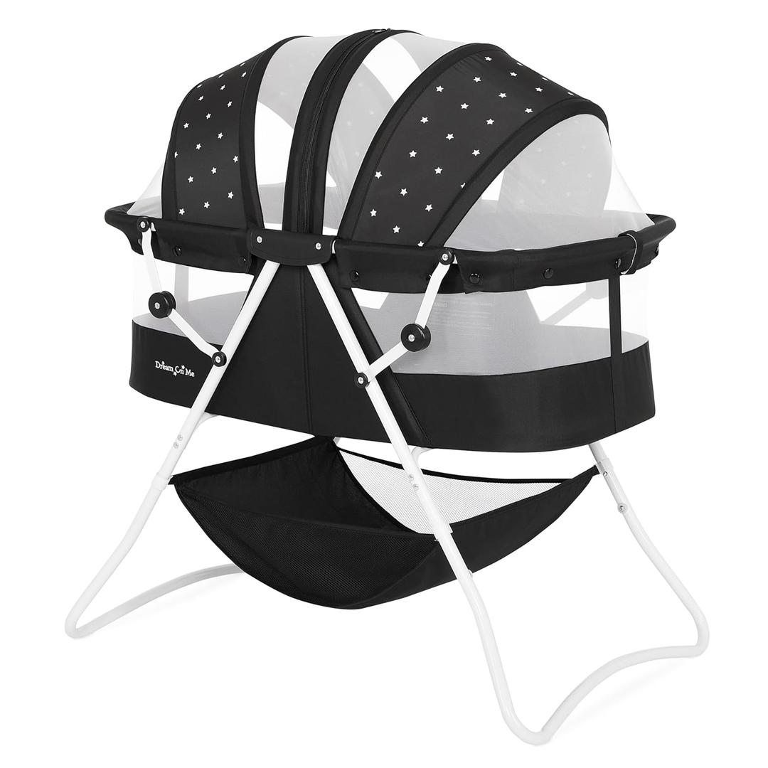 Dream On Me Karley Bassinet, Award Winner Lightweight Travel Baby Bassinet, Foldable Bedside Sleeper, Adjustable Double Canopy, Spacious Design, Soft Fabric, Storage Basket  Black and White