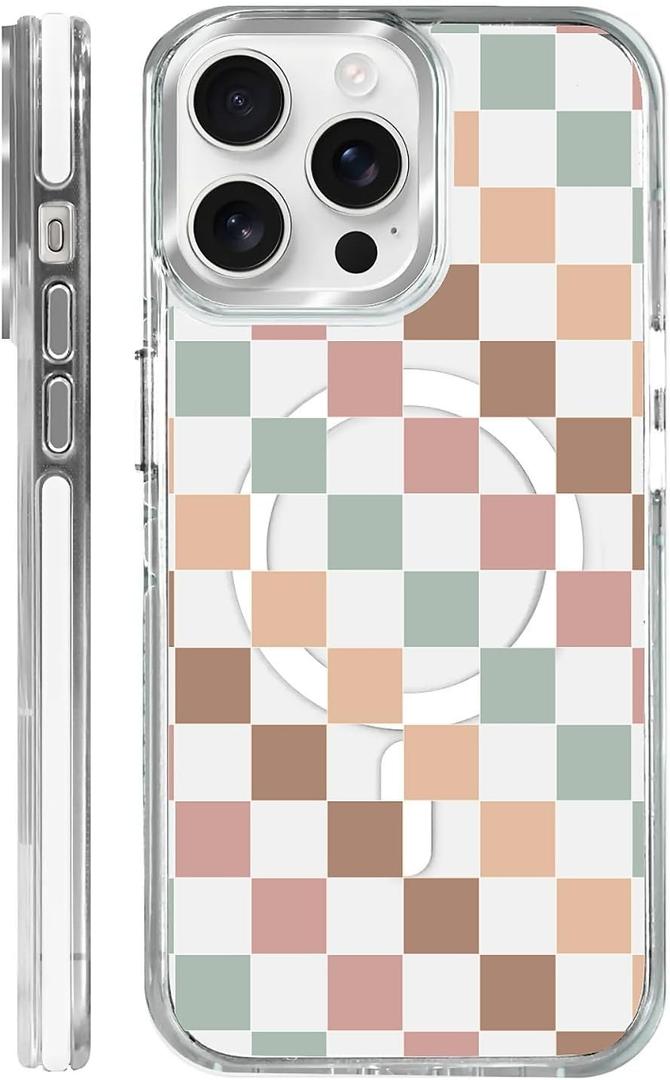 for iPhone 14 Pro Case [Compatible with Magsafe],Girls Women Clear Magnetic Case Silicone Shockproof Protective Cover with Pattern Colorful Checkerboard