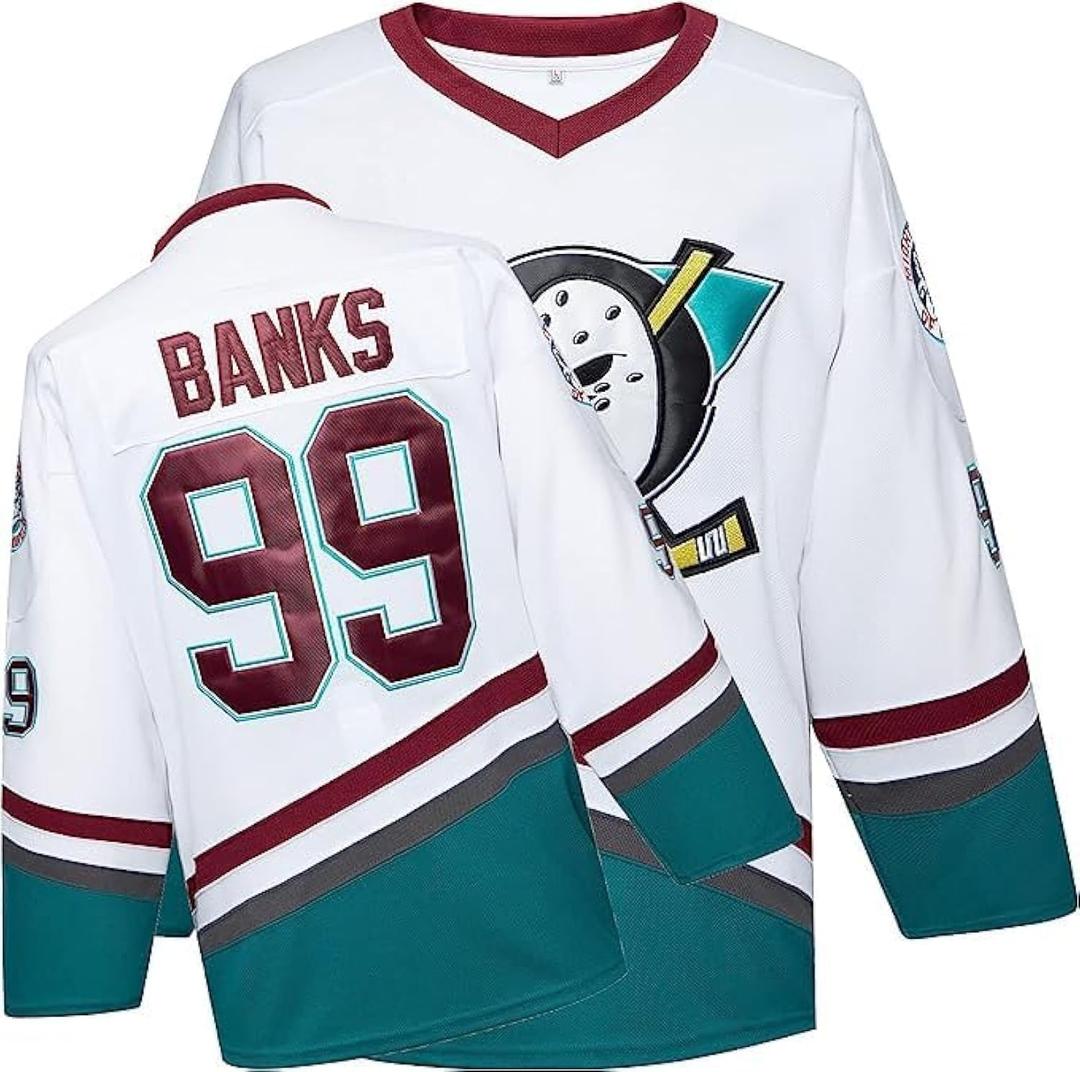 Mighty Ducks Jersey Movie Ice Hockey Jersey S-XXXL Charlie Conway #96 Adam Banks #99, 90S Hip Hop Clothing for Party (White, M)