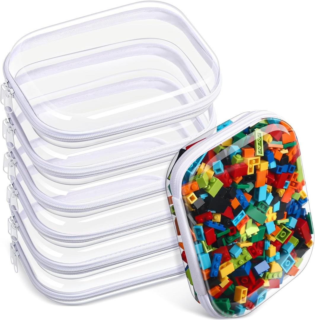 Sanwuta 6 Pcs Clear Hard Zipper Case Hard Plastic Zipper Pouches Makeup Bag Pencil Pouches Transparent Cases for Snacks Plastic Storage Organizer Box for Travel(Clear,7.87 x 5.9 x 2 Inch) (White)