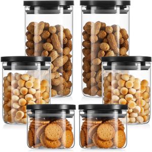 Rtteri 6 Pcs Glass Jars with Black Lids 15oz 27oz 41oz Canisters with Black Airtight Lids Stackable Glass Food Storage Containers Pantry Storage Jars PP Material Airtight