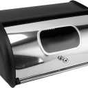 Bread Box, Large Capacity Stainless Steel Bread Box with Roll Up Lid, Multifunctional Bread Box Bin Bread Container with Small Window for Kitchen Countertop (Black)