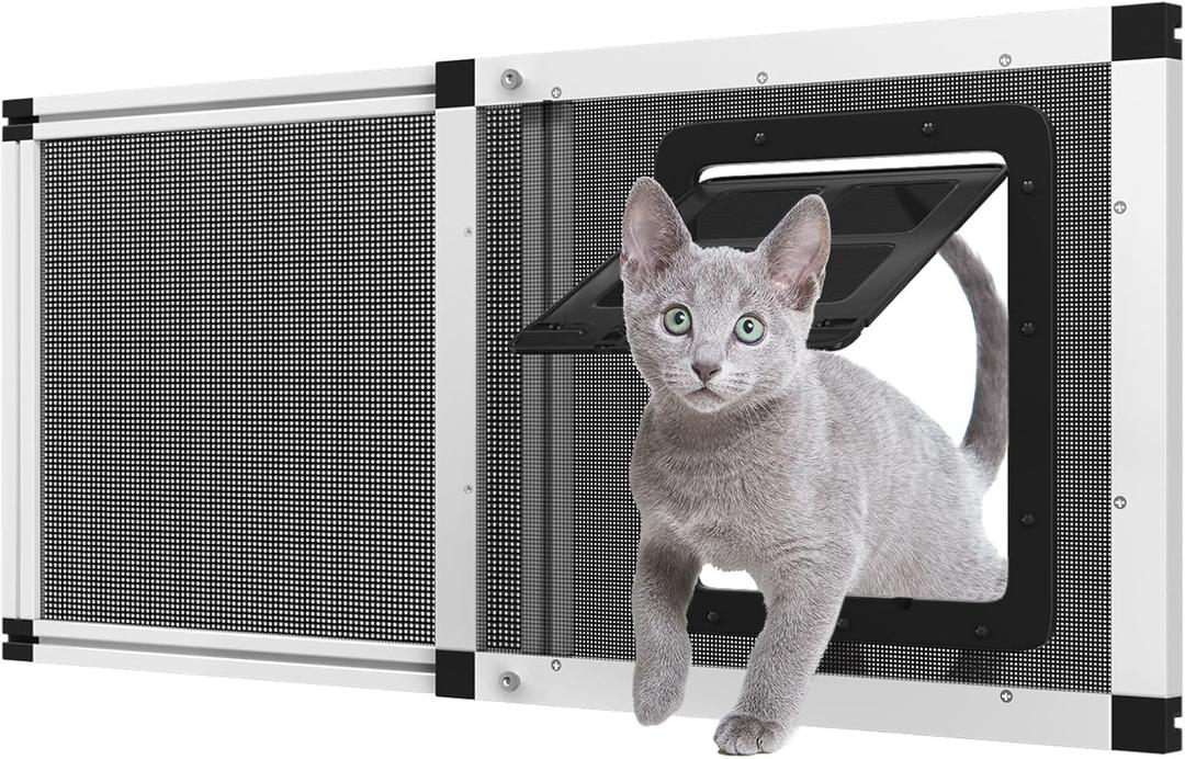 Ventilated Pet Door for Window, Fits 28.5"-32" Width Window, 2-Min Install | Aluminum Frame + Stainless Steel Mesh | Breathable Bug-Proof | Magnetic Closure Window Cat Door, Cat Door for Window Insert (White)