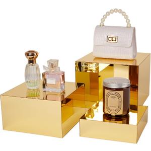3 Pcs Gold Acrylic Risers Display Stands, Mirrored Nesting Cube Boxes Pedestal for Figures Collectibles, Jewelry Purse Wallet Showcase Blocks, Buffet Risers Food Display Catering Dessert Cake