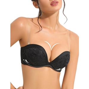YBCG Push Up Strapless Plunge Bra with Clear Straps Convertible Lace Padded Add 2 Cups Underwire Low Cut for Women (Black)