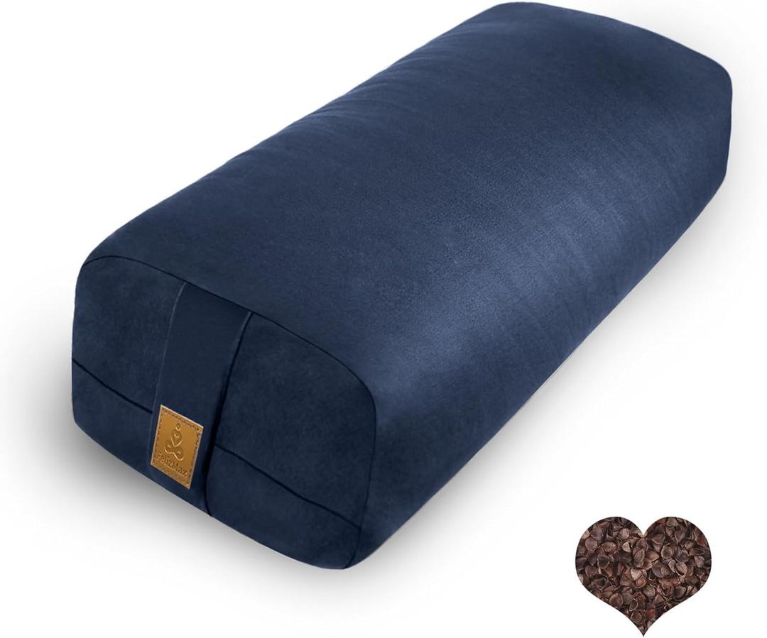 FelizMax Organic Buckwheat Bolster (24X10.5X5.5 in) Yoga Bolster Supportive Yoga Cushion for Restorative Yoga Accessories Rectangular Meditation Pillow 100% Cotton Cover Yoga Pillow (Navy Blue)