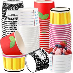 Pickmesh 80 Pcs 9 oz Back to School Paper Ice Cream Cups Composition Notebook Red Apple Yellow Pencil Disposable Dessert Bowl First Day of School Soup Bowls for Snack Frozen Yogurt Party Supplies