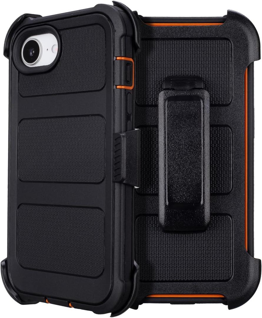 for Defender Phone Case iPhone 16 e Case with Belt Clip, for Shockproof iPhone 16e PhoneCase Rugged, 2 Layers of Sturdy for iPhone16e Cases Heavy Duty, Military-Grade Cover for 16eCase Black & Orange