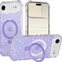 Magnetic for iPhone Air Case with Invisible Stand, Compatible with MagSafe, Clear Bling Sparkle Shockproof Slim Anti-Slip Military Drop Protection Hard Phone Case 6.5" Glitter Purple