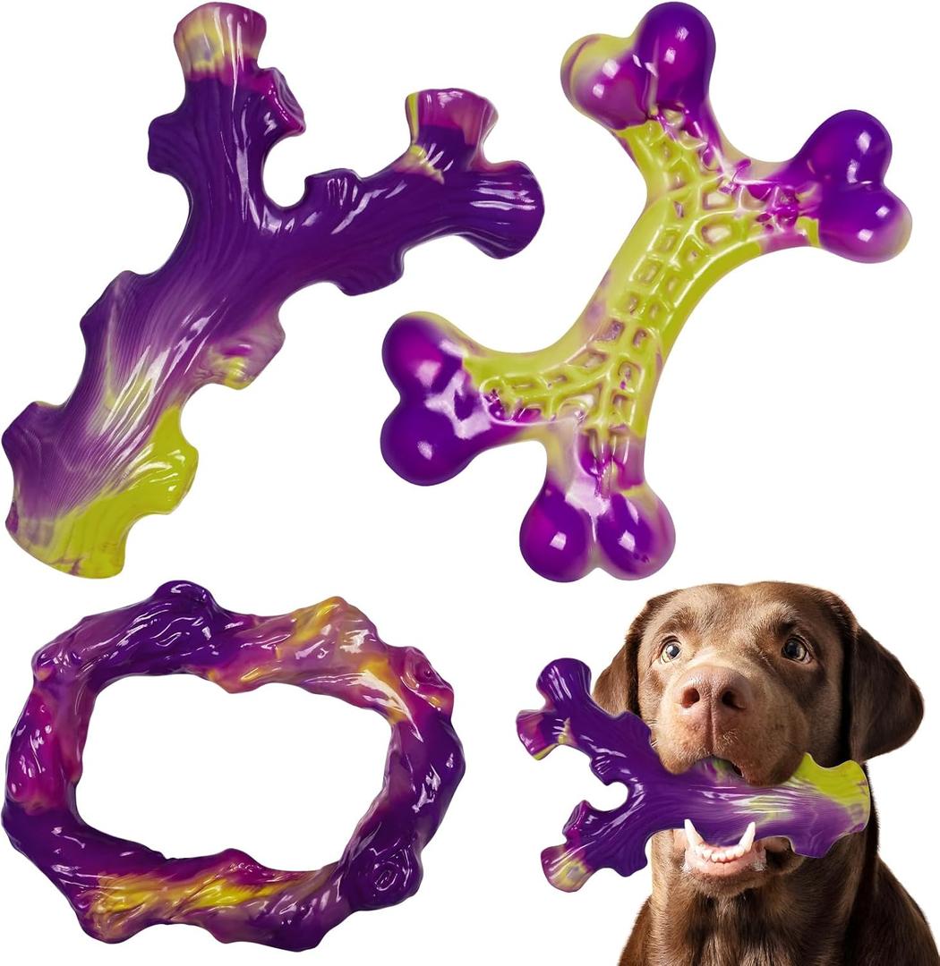 Tough Dog Toys for Aggressive Chewers 3 Pack, Indestructible Dog Toy for Large Dogs, Bacon Flavored, Keeps Dogs Busy (Purple)