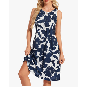 Women's T-Shirt Dress Casual Pleated Crewneck Sleeveless Loose Flowy Midi Tank Summer Dresses 2025 with Pockets XL