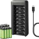 Amazon Basics Rechargeable Low Self Discharge NiMh Battery with 8-Bay Charger, 8 AAA 800mAh + 8 AA 2000mAh, USB C Port, No AC Power Adapter, Black