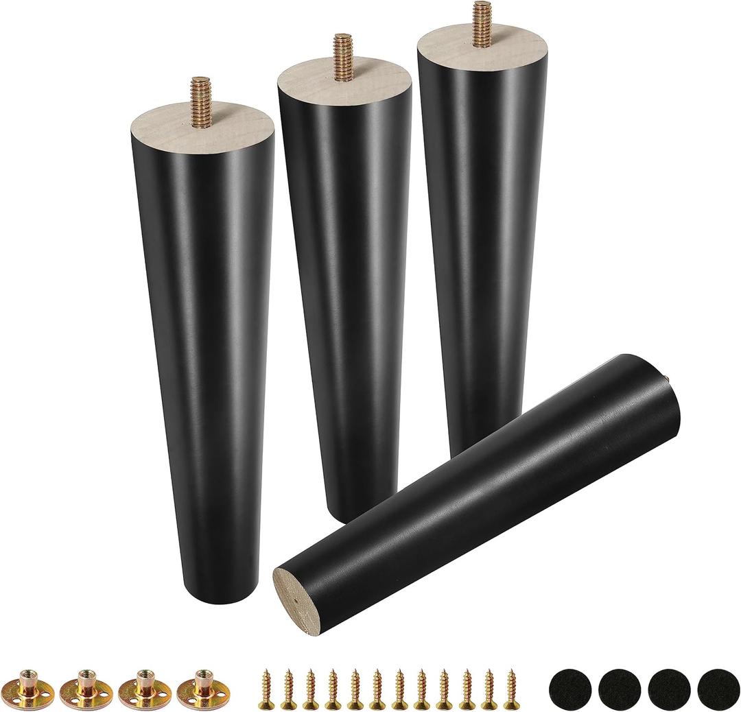 FoDau770 Black Rubber Wood Furniture Legs 10 Inches, Straight Tapered Wood Feet Mid Century Sofa Legs Set of 4, 5/16" UNC Furniture Feet for Cabinet Couch Dresser Chair Ottoman Table (10 Inch, Black)