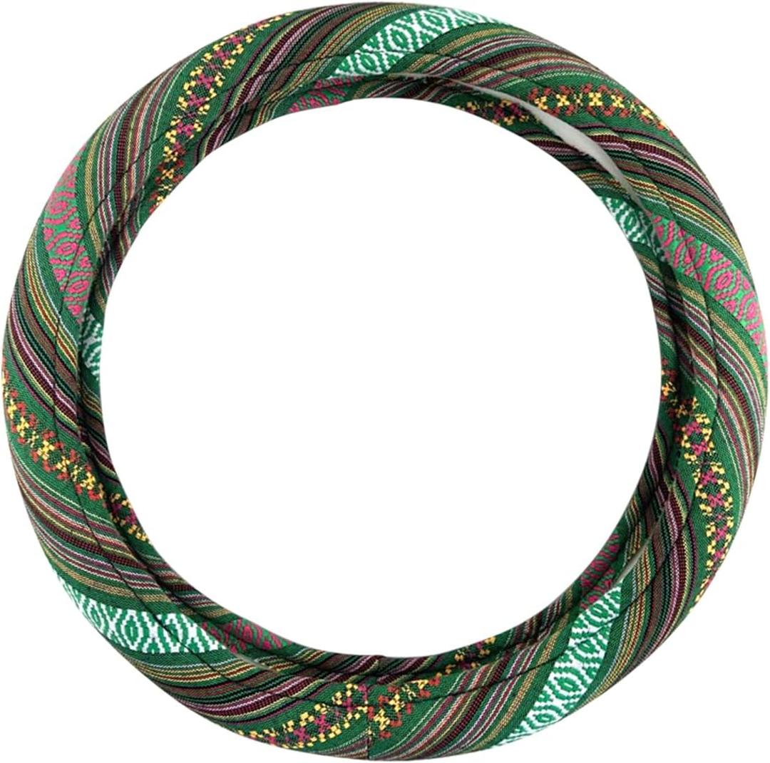 Universal 15inch Ethnic Style Baja Blanket Steering Wheel Cover with Coarse Flax Cloth and Sweat Absorption Anti Slip Car Wrap (Boho Green)