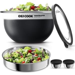 74oz Stainless Steel Salad Bowl Kit, Leak-Proof Salad Container for Lunch with Lid, 18/8 Metal Lunch Bowl with Dressing Cup and Removable Tray, Dishwasher Safe, Black