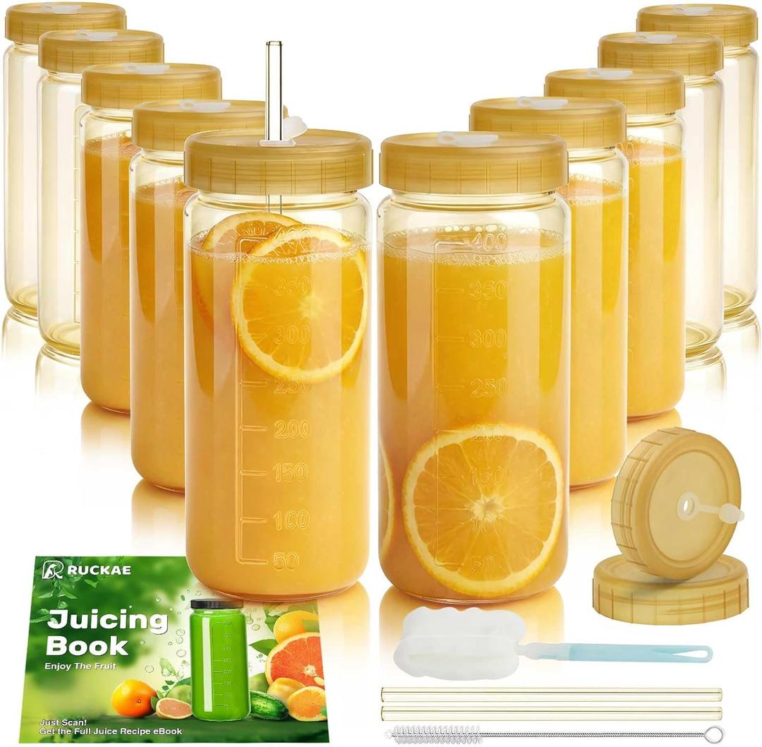 Ruckae 16oz 10 Pack Glass Juice Bottles with Dual Scale, Reusable Glass Bottles with Hole Lids and Straws Mason Jar for Juicing, Smoothies, Kombucha - Water Bottle for Fridge or Gym (Gold)