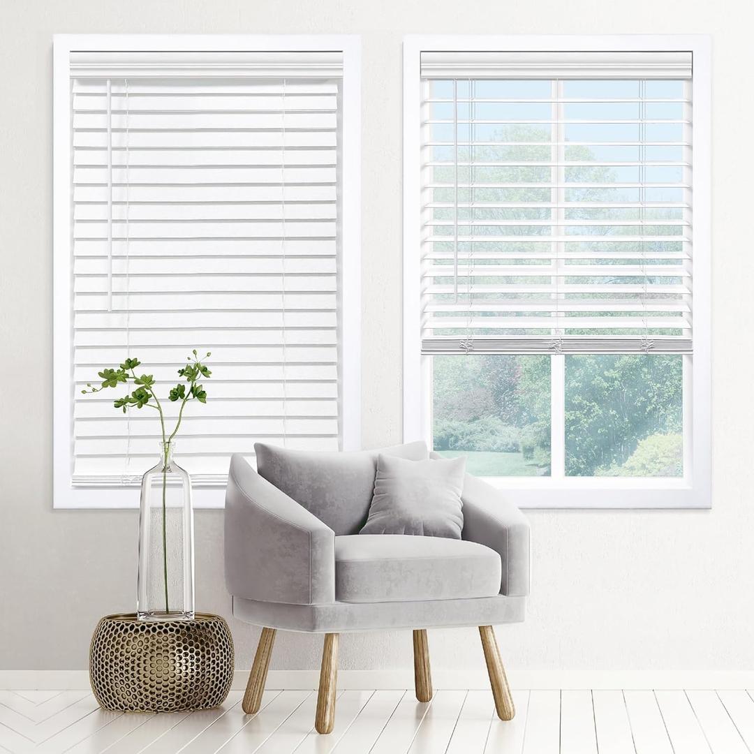 DEZ FURNISHINGS Cordless 2" Signature Faux Wood Blind, 30.5" W x 60" H, Snow White (30.5"W x 60"H, Snow White)