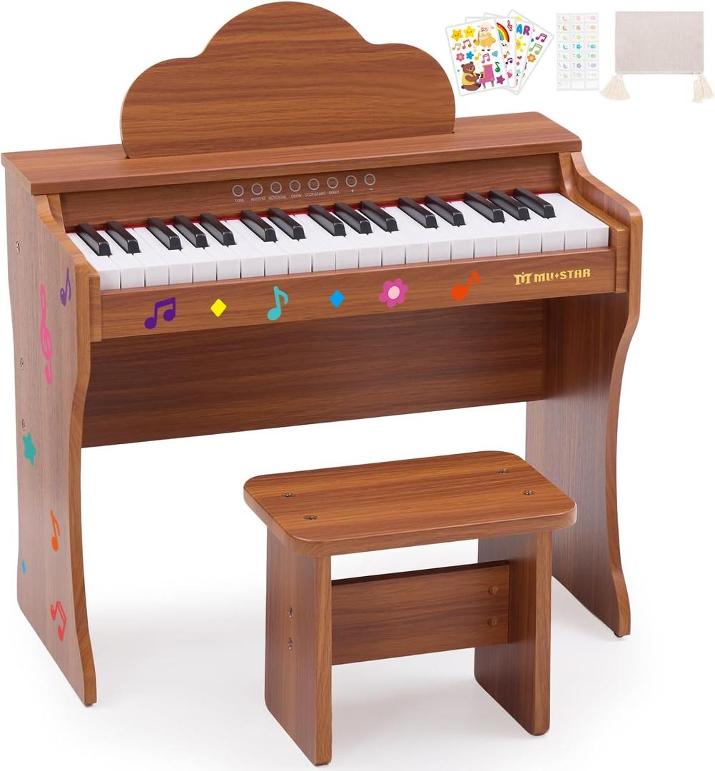 37 Keys Kids Keyboard Piano, Kids Piano Wood Toy with Stool, DIY Stickers, Song Book, Cover, Education Musical Instruments for Girls&Boys Ages 3+