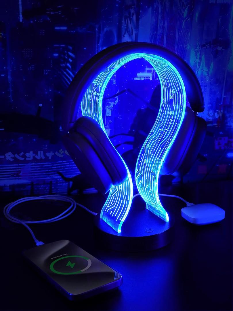 CoolGift Mart Light Up Headphone Stand with 16 Color Lights, PCB Pattern Acrylic Headset Stand with 1 USB and 1 Type-C Charging Ports, Gifts for Gamers Men Boy Father Dad and Music Lovers