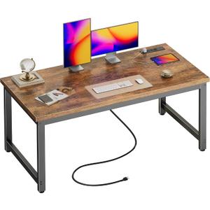 Huuger 55 x 24 inch Desk with Power Outlets & USB-C, Deeper & Thicker Desktop, Robust Metal Tubes, Computer Desk, Heavy Duty Office Desk, Work Gaming Desk for Home Office, Rustic Brown, 54*24 inch