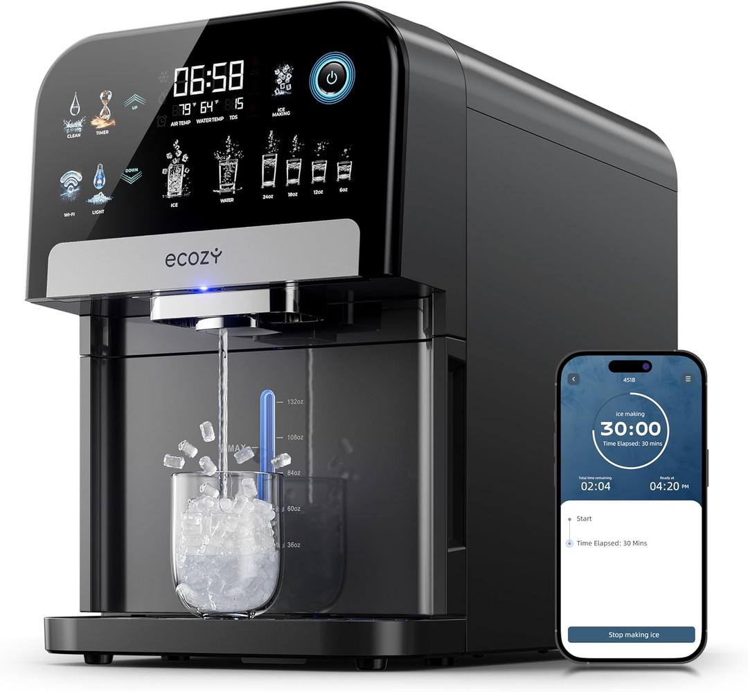 Ecozy Nugget Ice Maker Dispenser, Smart 2-in-1 Pebble Ice Machine Countertop & Water Dispenser with App Control, Self-Cleaning, Auto Lighting, TDS Monitor, Measured Dispensing, 33Lbs/Day (Dark Gray)