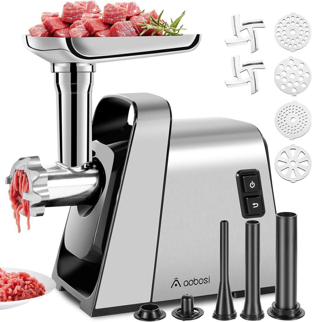 AAOBOSI Meat Grinder Electric, [3000W Max] Meat Grinder Heavy Duty with 2 Stainless Steel Blades & 4 Grinding Plates, Sausage Maker & Kibbe Kit for Home Kitchen Using