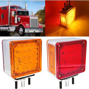Amber/Red 52 LED Square Double Face turn signal lights, Truck fender Pedestal light Replacement for Kenworth/Peterbilt/Freightliner, Dual Studs Set of 2