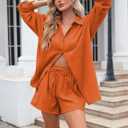 VamJump Women's 2 Piece Outfits Casual Long Sleeve Button Down Shirt and Shorts Tracksuit Matching Sets (Orange, M)